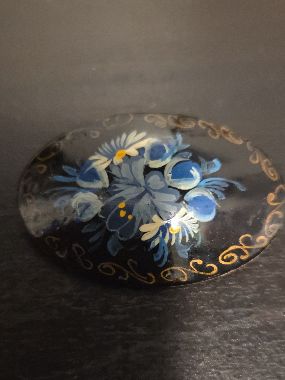 Russian Vintage Hand-Painted Floral Decorative Brooch in Black and Blue